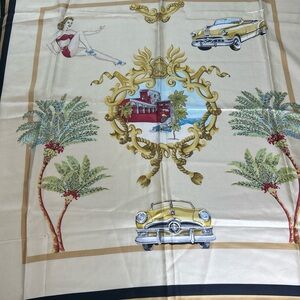 Vintage Ron Leal Silk Scarf 34" Square Gold Pinup Girl Palm Trees Pontiac Ford